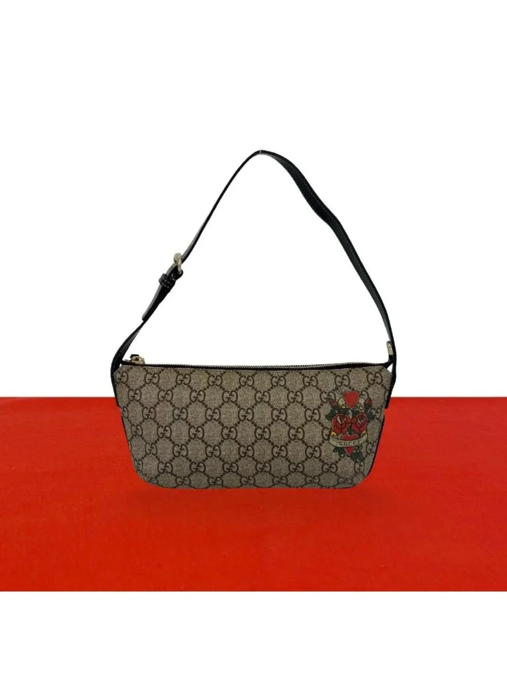 Gucci GG Supreme Pattern Logo Tattoo Heart Leather Handbag Bag Brown